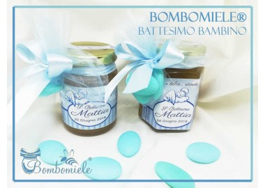 Bomboniera o Segnaposto per Battesimo Bambino - vasetto miele gr 150 esagonale 1 o 3 confetti